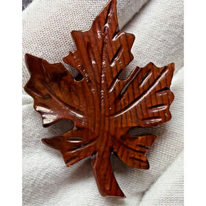 Vintage Carved Wood Maple Leaf Brooch Pin As Is